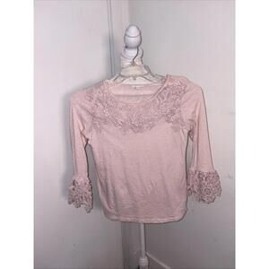 Charter Club Embroidered Lace Appliqué Trim Top Pink 3/4 Sleeve Wmns Small